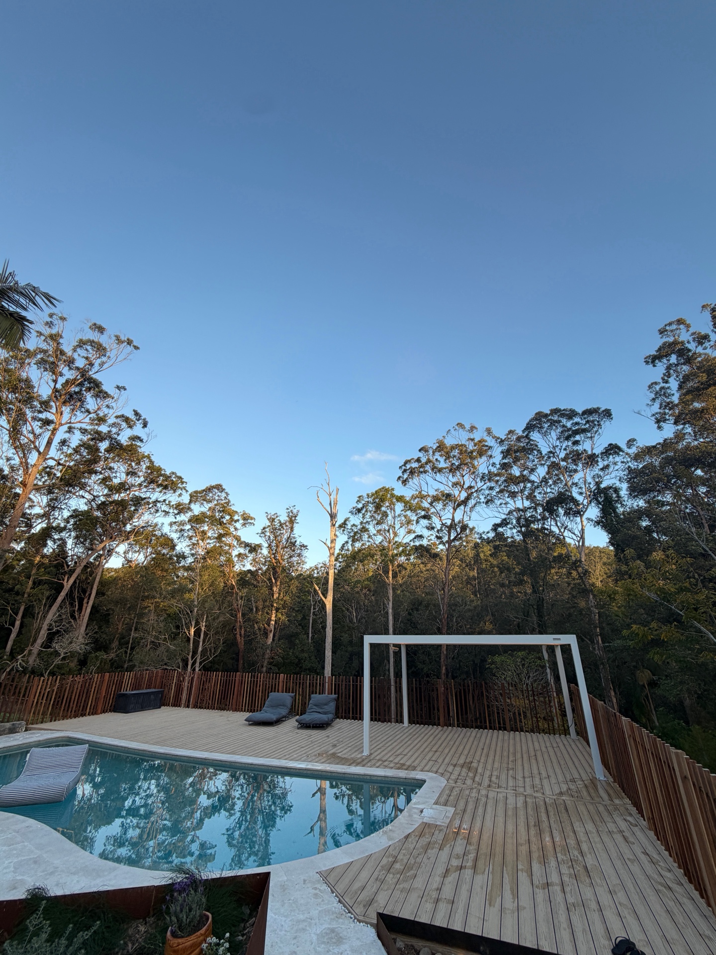 Completed Bonogin pool renovation with timber decking, privacy fencing and bushland outlook by AP Constructions